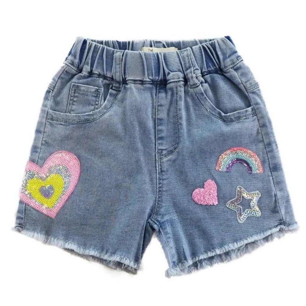 Doe a Dear Sequin Heart & Rainbow Denim Shorts