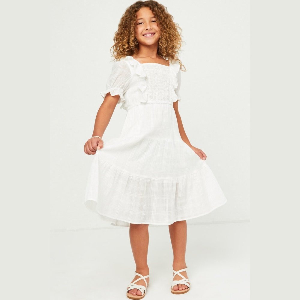 Hayden Girls White Front Ruffle Midi Dress