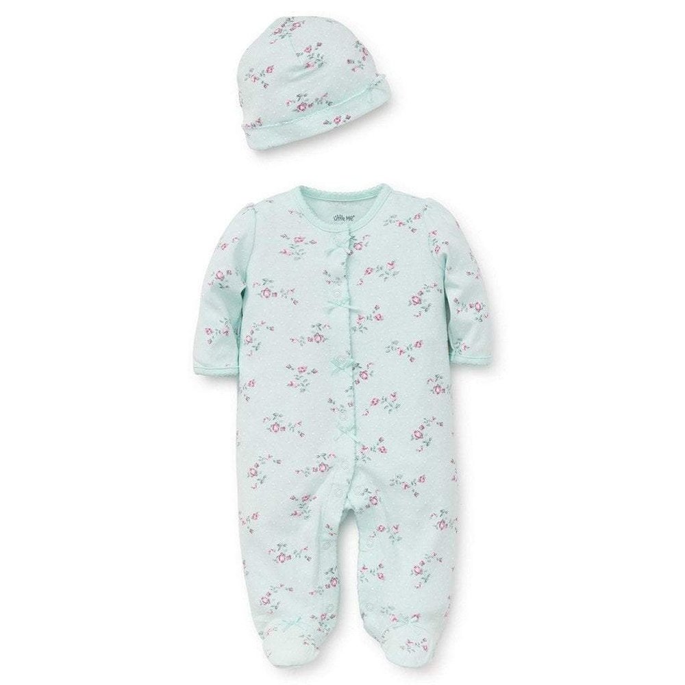 Little Me Mint Floral Spray Infant Girls Footie with Hat
