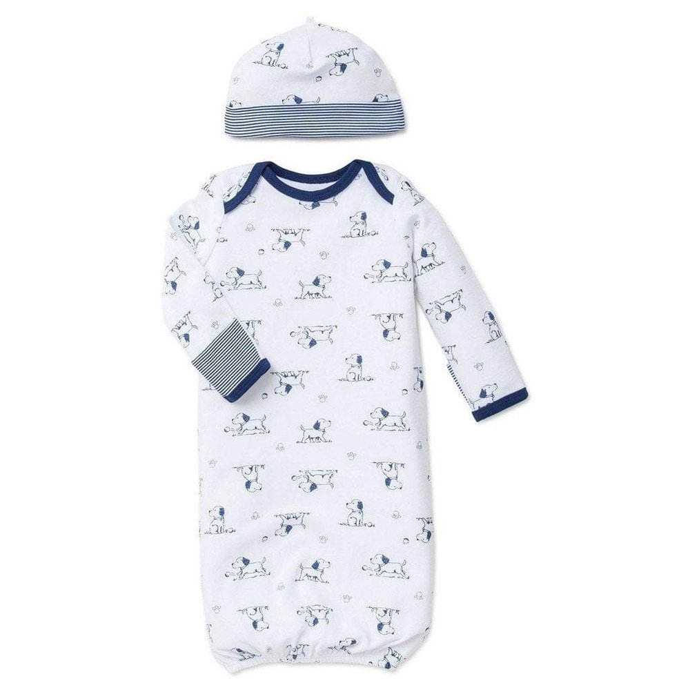 Little Me Navy Puppy Toile Infant Baby Gown with Hat