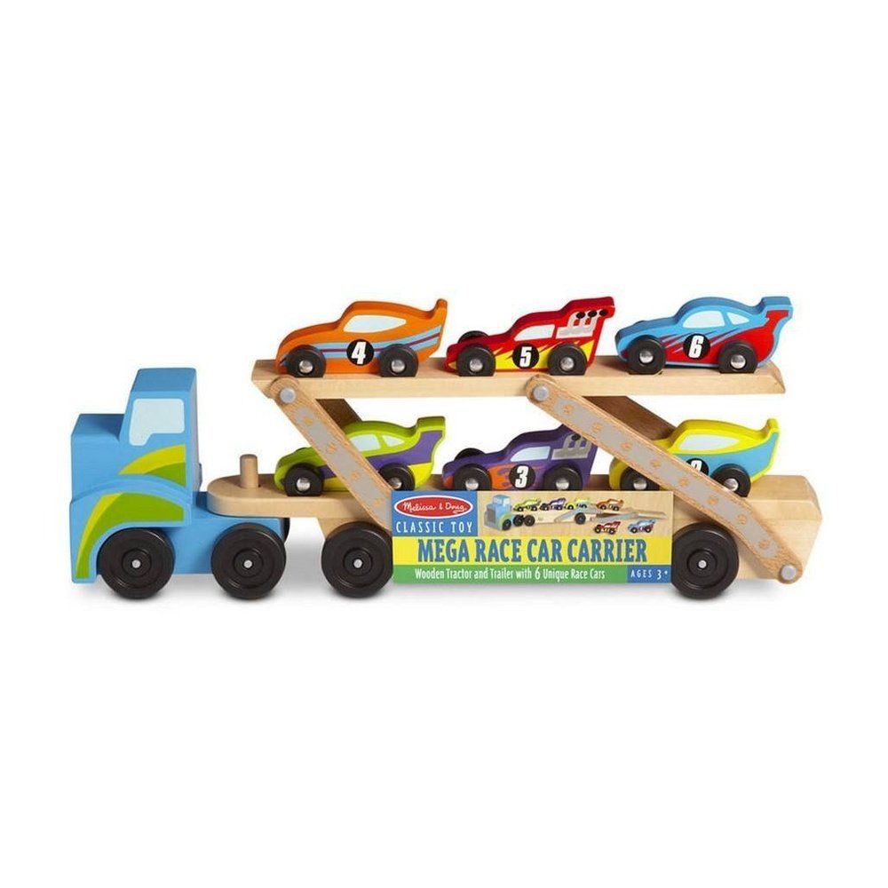 Melissa & Doug Mega Race Car Carrier Wooden Vehicle Play Set