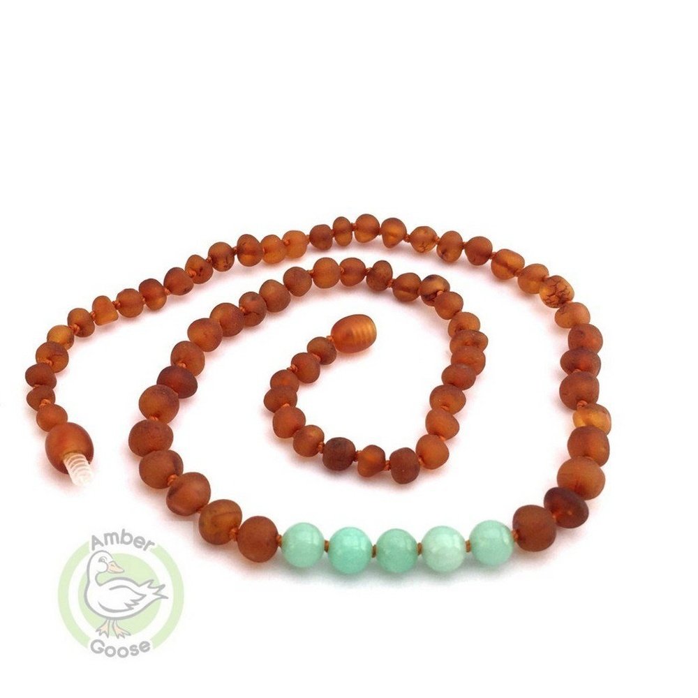 Momma Goose Baby Care Amber Teething Necklace Raw Cognac & Amazonite