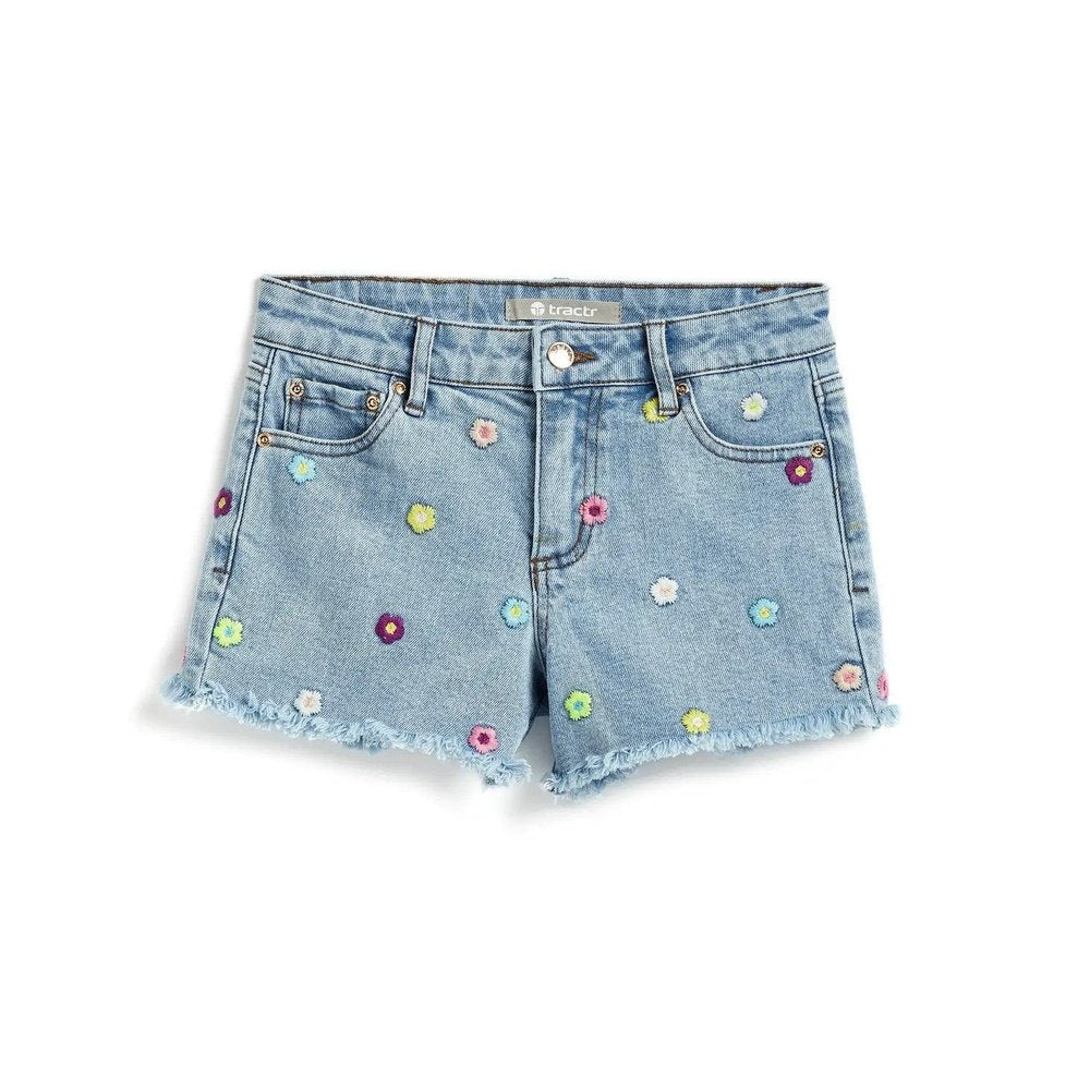 Tractr Apparel 7 / Indigo Tractr Girls Floral Embroidered Denim Short